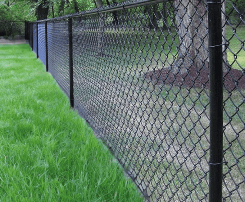 Black vinyl-coated chain link fence running along a wooded property boundary, installed by Future Solutions Fence